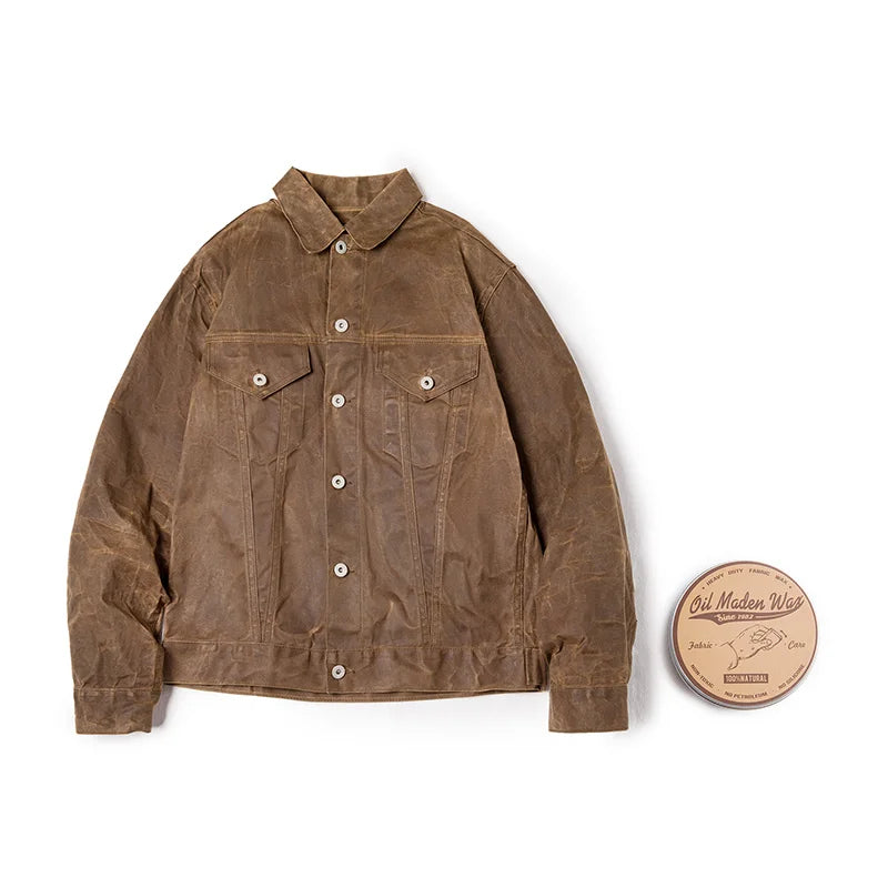 Maden Retro Heavyweight Canvas Oil Waxed Jacket Cotton Waterproof Hunting Coat Male Spring Khaki Casual Work Safari Style Jacket