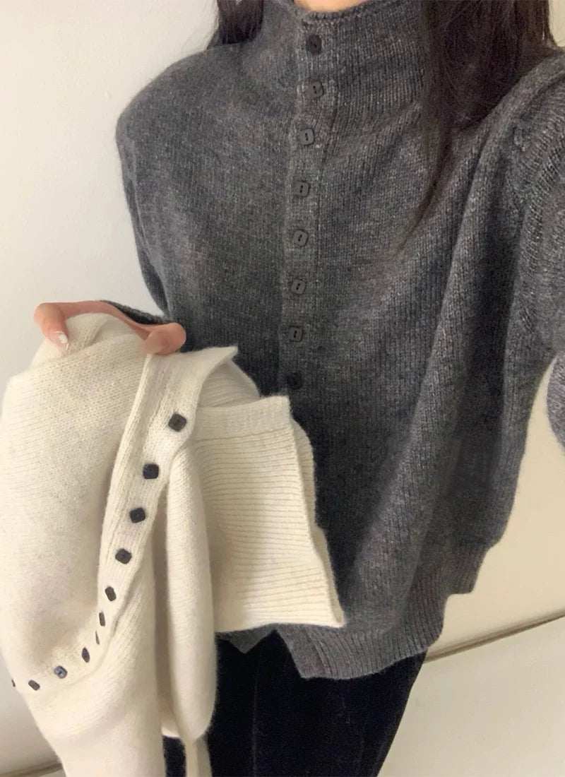 New Soft Comfortable Stand-Up Collar Sweater Cardigan Women Simple Single Breasted Cardigans Coat Autumn Solid Knitted Outerwear