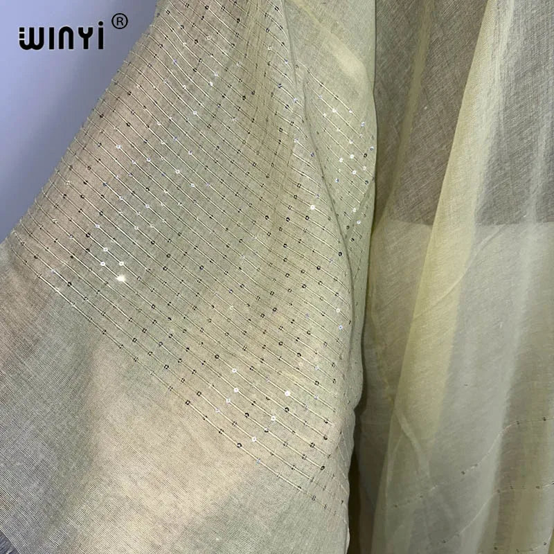 WINYI 2023 Women Bohemian Gold Thread Monochrome Elegant Casual Dress African Cardigans Outerwear For Women Summer Sexy Kimono