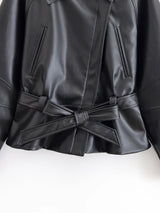 HH Women Fashion Black Short Faux Leather Trench Coat Long Sleeve Lapel Jacket With Belt Vintage Lady Motorcycle Jacket Outwear