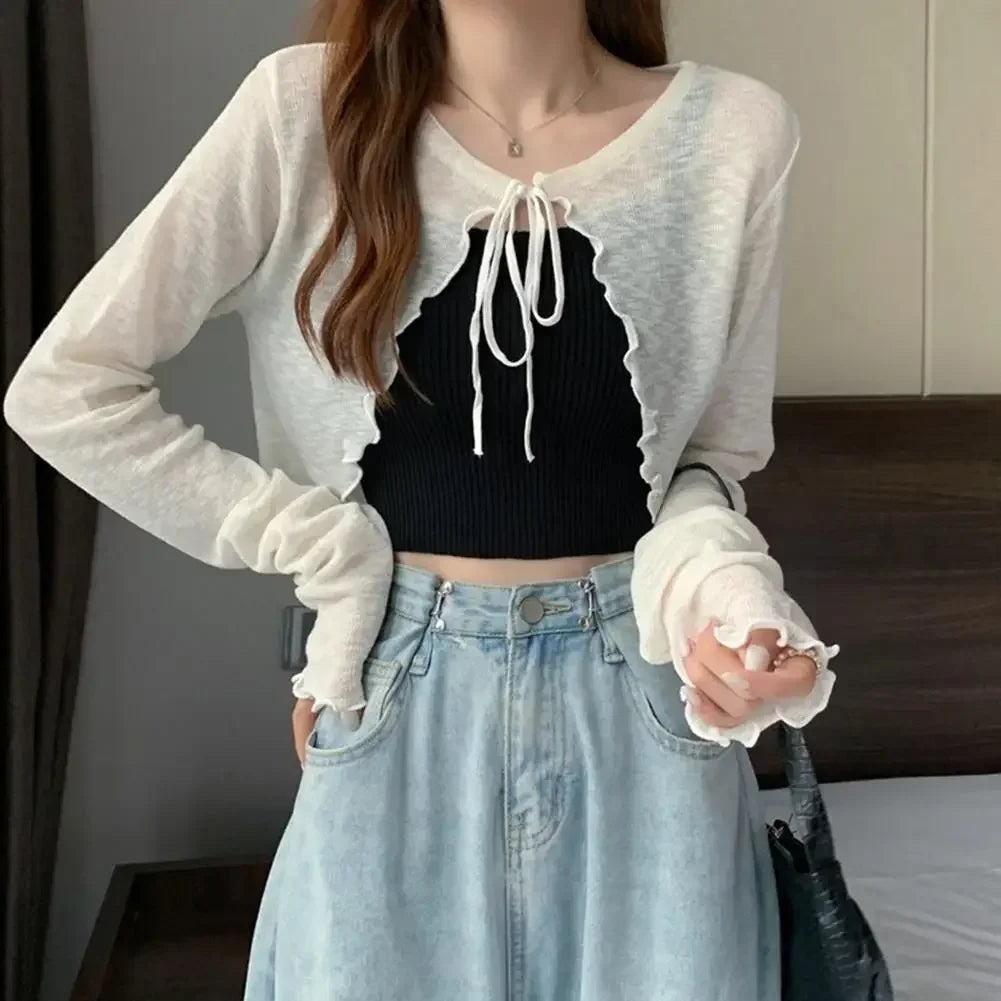 Summer Women Thin Sunscreen Cardigan Lace-up Knitwear Tops Female Korean Style Lantern Sleeve Short Coat Casual Sun Protected