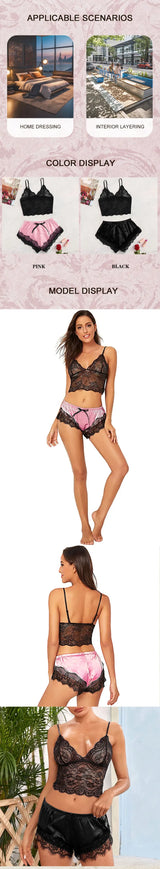 Women's 2 Piece Sexy Lace Pajama Set See-Through Bralette Cami Top and Shorts Breathable Sleepwear Plus Size Summer Lingerie