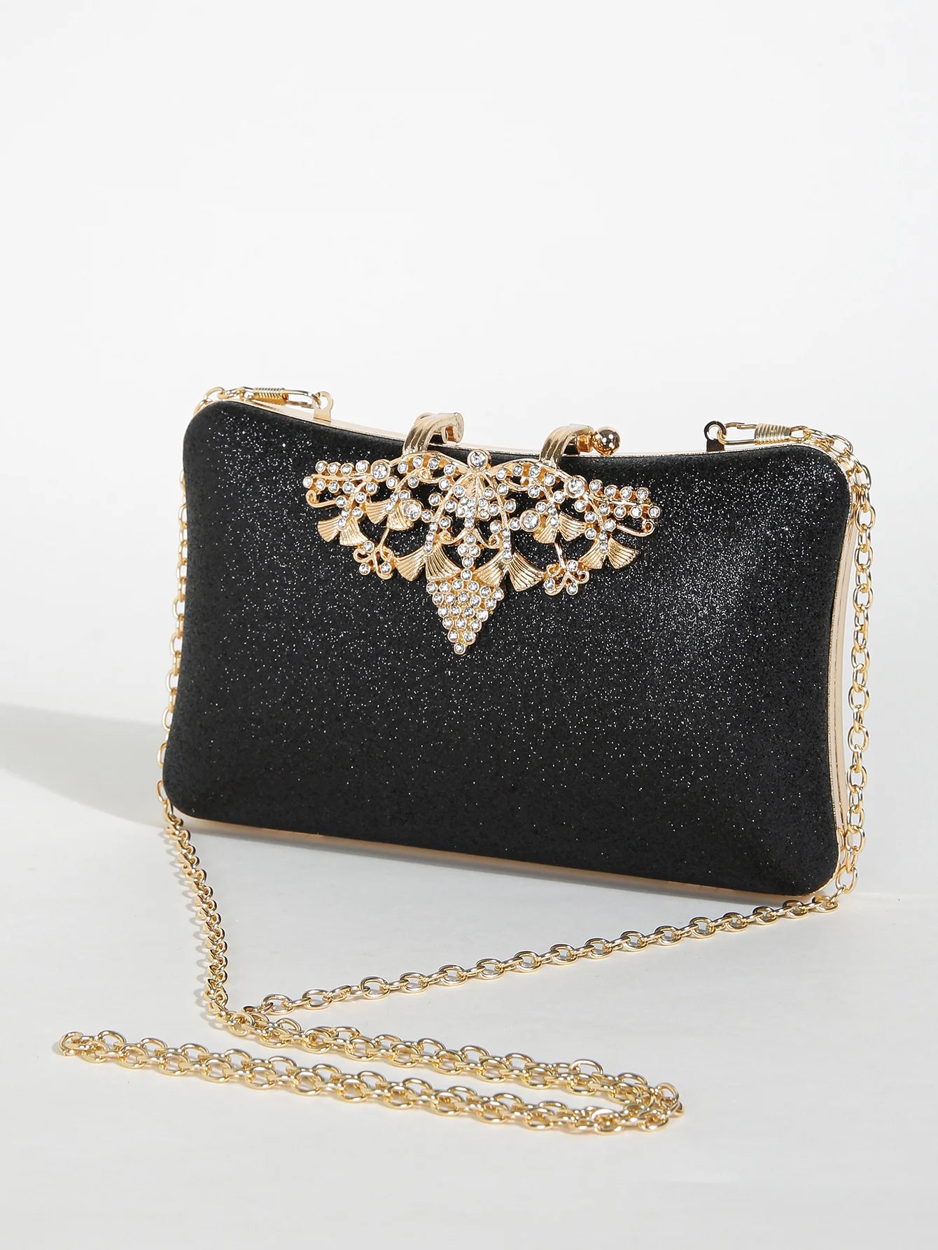 1PC Gold Glitter Clutch Box with Rhinestone Decor Cut-out Flower Flap Lock Closure Elegant Textured Frame Purse for Dinner