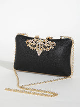 1PC Gold Glitter Clutch Box with Rhinestone Decor Cut-out Flower Flap Lock Closure Elegant Textured Frame Purse for Dinner
