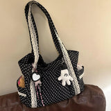 Women Shoulder Bag For Korean Vintage Canvas Cute Lace Large Capacity Tote Multi Pocket Handbag Fashion Round Dot Underarm Bag