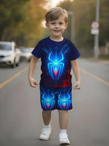 Boys 2Pcs Summer Outfit Spider Print Short Sleeve T-Shirt + Shorts Set Red Blue Casual Sportswear Kids Streetwear Tracksuit