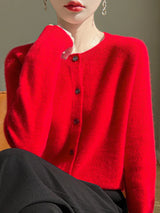 Women 100% Merino Wool Cardigan Soft O-Neck Cashmere Sweater OL Buttoned Knitwear Casual Top Clothing Korean Style