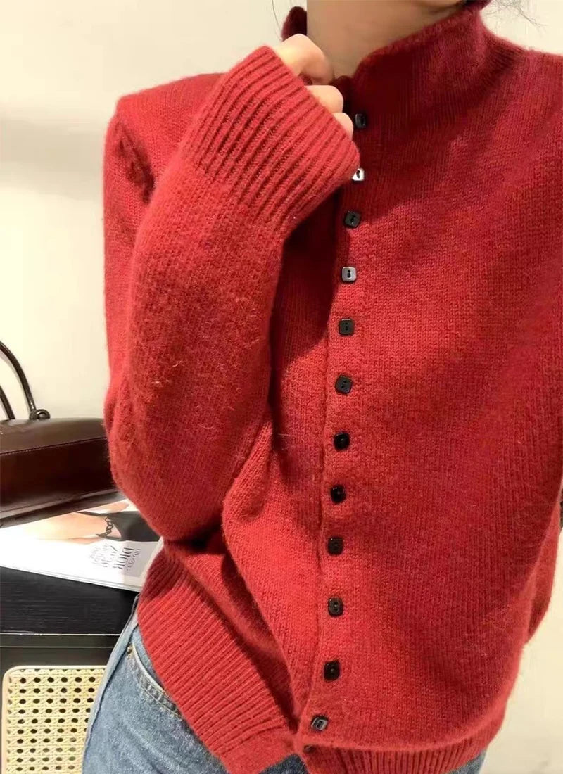 New Soft Comfortable Stand-Up Collar Sweater Cardigan Women Simple Single Breasted Cardigans Coat Autumn Solid Knitted Outerwear