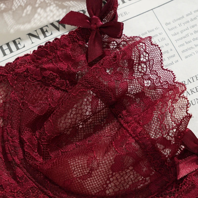 Sexy Ultra-thin Lace Bras Women's Push Up Summer Breathable Bra Hollow Out Gathered Underwear French Elegant Bow Underwire