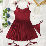 Sexy Bra And Garter Belt Lingerie Hot Red Babydoll Dress Erotic Women Exquisite 3-Piece Sets Thong Nightgown Set With Leg Rings