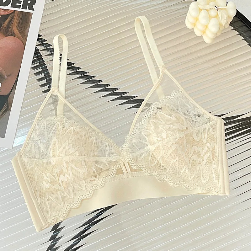 Sexy Lace Crop Top Deep V Backless Camisole Hollow Mesh Bra Female Solid Color Seamless Underwear Removable Chest Pad Tank Top