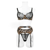 Krasapt Sexy Leopard Printing Lace Patchwork Women Lingerie 3Pcs Sets Romantic Mesh Perspective Intimates Underwear Erotic Set