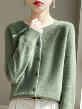 Women 100% Merino Wool Cardigan Soft O-Neck Cashmere Sweater OL Buttoned Knitwear Casual Top Clothing Korean Style