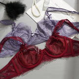 Sexy Ultra-thin Lace Bras Women's Push Up Summer Breathable Bra Hollow Out Gathered Underwear French Elegant Bow Underwire
