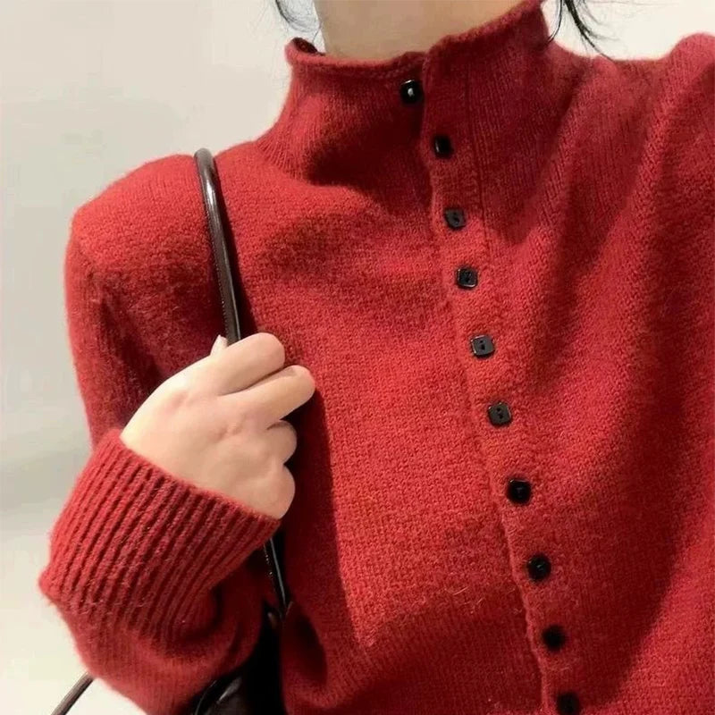 New Soft Comfortable Stand-Up Collar Sweater Cardigan Women Simple Single Breasted Cardigans Coat Autumn Solid Knitted Outerwear