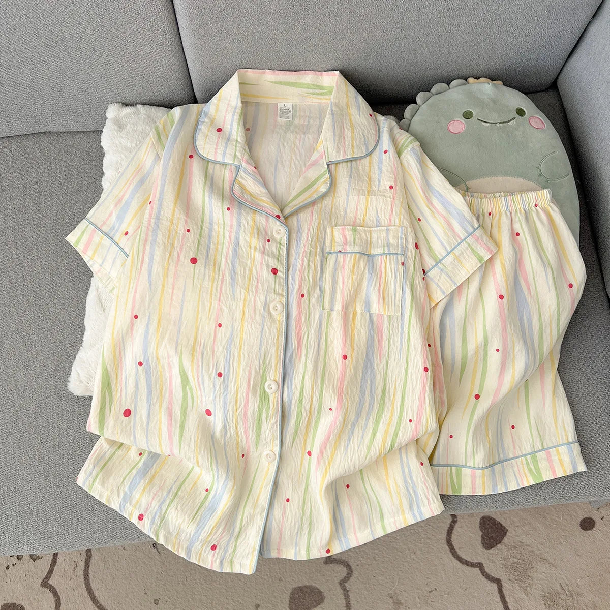 Women's sleepwear, summer short sleeved shorts, breathable and comfortable set, lapel cardigan, home clothes can be worn outside