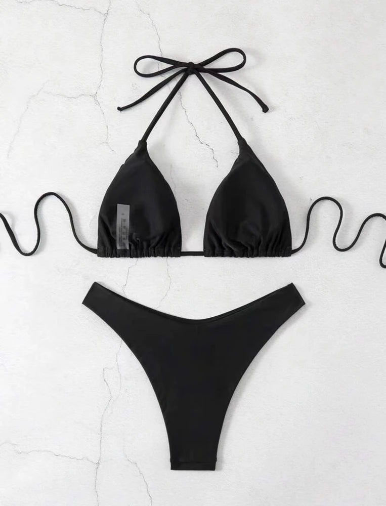 Women Thong Bikini Sexy Solid White/Black/Coffee Halter Swimsuit Lace Up Brazilian Bathing Suit 2025 New Double Fabric Beachwear