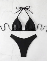 Women Thong Bikini Sexy Solid White/Black/Coffee Halter Swimsuit Lace Up Brazilian Bathing Suit 2025 New Double Fabric Beachwear