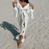 Beach Cover Up Cover-ups Dress Chiffon Long Sleeve Sunscreen Beachwear Womens Clothing Sexy V Neck Ruffled Black White New Tunic