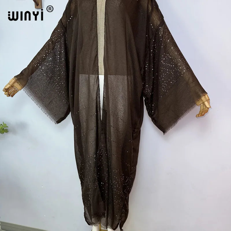 WINYI 2023 Women Bohemian Gold Thread Monochrome Elegant Casual Dress African Cardigans Outerwear For Women Summer Sexy Kimono