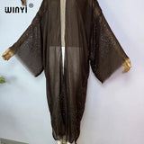 WINYI 2023 Women Bohemian Gold Thread Monochrome Elegant Casual Dress African Cardigans Outerwear For Women Summer Sexy Kimono