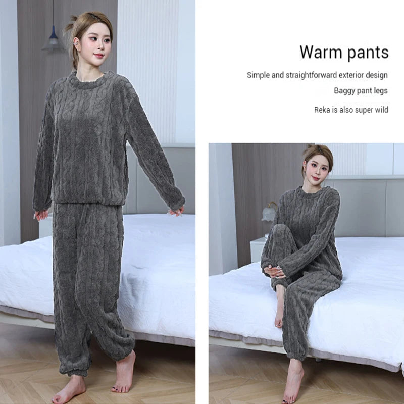 Women's Thickened Warm Sleepwear coral velvet homewear Fluffy O-neck leisure pajamas Striped Large Size Adapted Winter Sleepwear