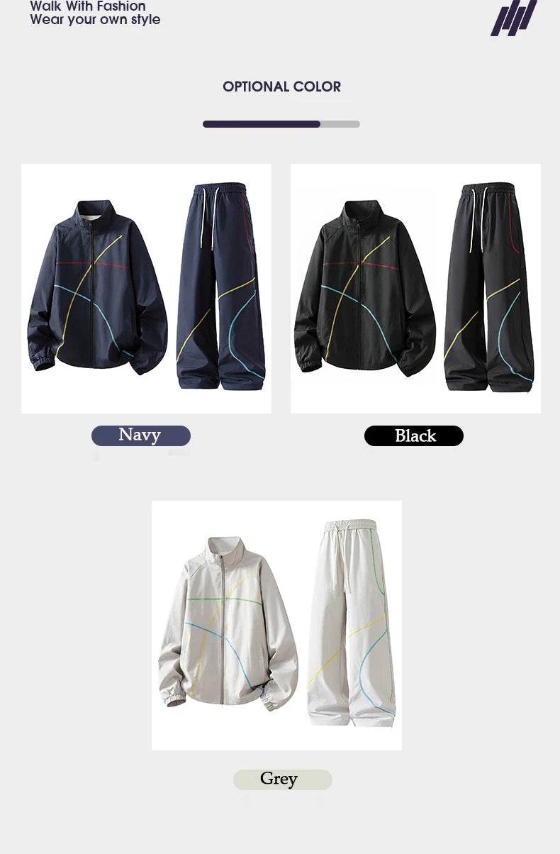 Unisex 2‑Pieces Tracksuit Set Color Contrast Stitching Stand Collar Zip‑Up Jacket Wide Leg Pants Windproof Outdoor Hiking Set