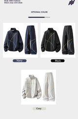 Unisex 2‑Pieces Tracksuit Set Color Contrast Stitching Stand Collar Zip‑Up Jacket Wide Leg Pants Windproof Outdoor Hiking Set