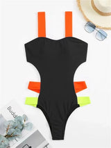 Sexy Black Contrast One Piece Swimsuit 2026 Women Neon Strap Hollow Out Backless Monokini Summer Bathing Suit Patchwork Swimwear
