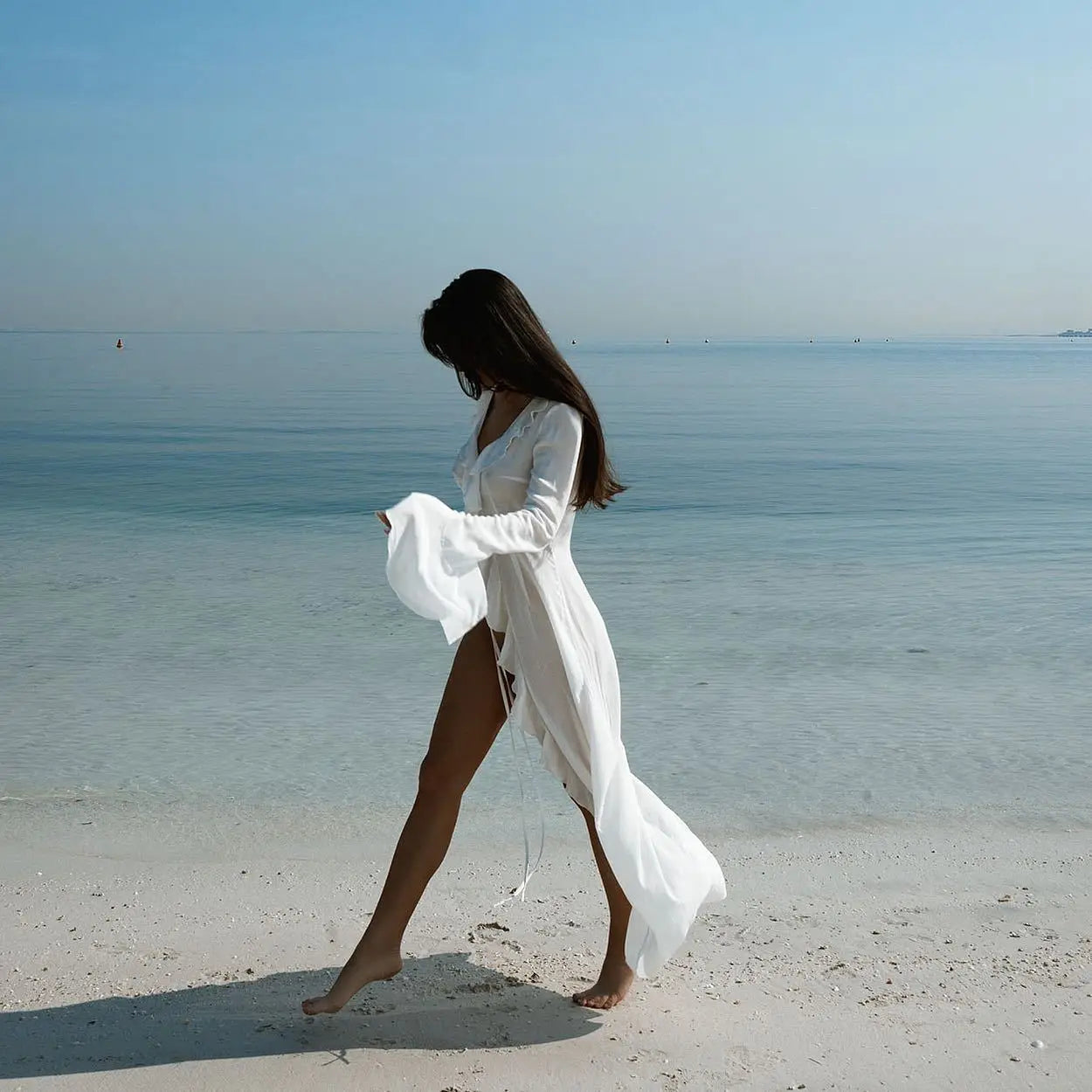 Beach Cover Up Cover-ups Dress Chiffon Long Sleeve Sunscreen Beachwear Womens Clothing Sexy V Neck Ruffled Black White New Tunic