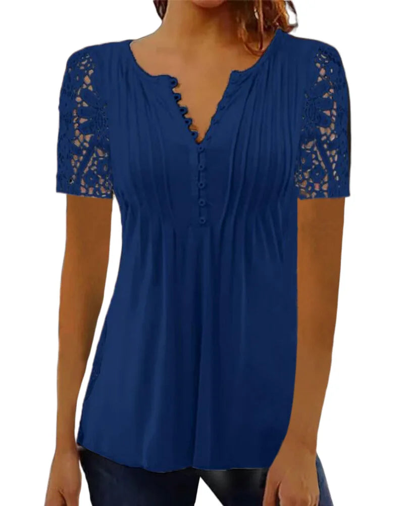 Summer Spring New Women's Loose and Comfortable Casual Lace V Neck Printed Blouse Floral Short Sleeve Elegant Fashion Shirt