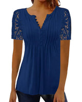 Summer Spring New Women's Loose and Comfortable Casual Lace V Neck Printed Blouse Floral Short Sleeve Elegant Fashion Shirt