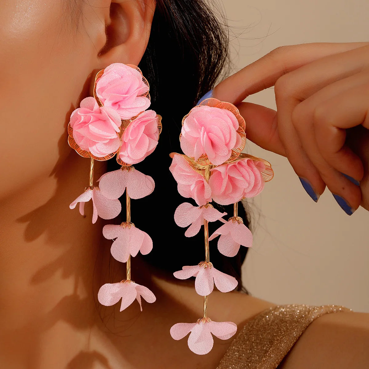Chiffon flower multi-layer earrings, summer beach vacation style exaggerated earrings design, light luxury, niche