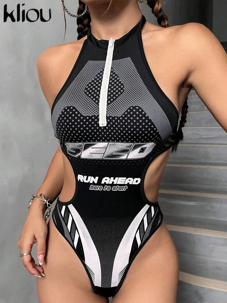 kliou Summer Women Mini Moto & Biker Milk Silk Bodysuit K24K45261 Girl Halter Backless Lace Up Tops Cool All-Match One Piece
