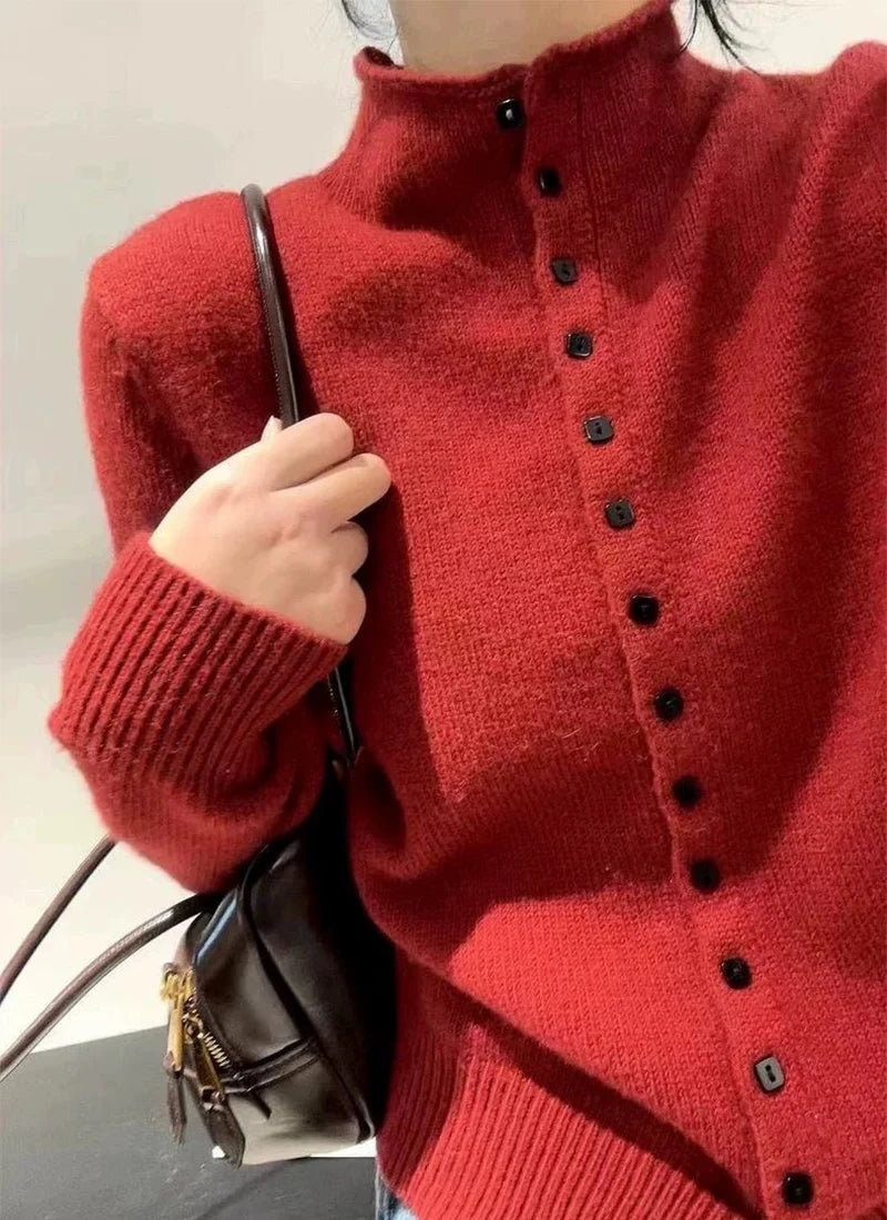 New Soft Comfortable Stand-Up Collar Sweater Cardigan Women Simple Single Breasted Cardigans Coat Autumn Solid Knitted Outerwear