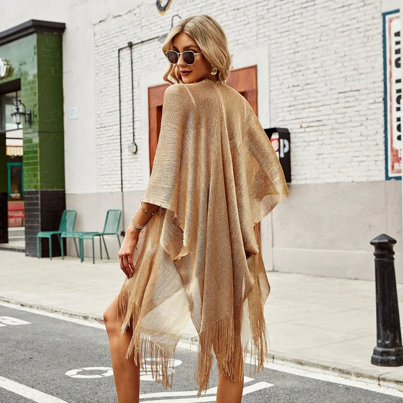 Swimsuit Cover-ups  Fashion Tassel Gold Bikini Beach Cover Up Sexy Beach Dress Tunics for Women Summer Wear See Through