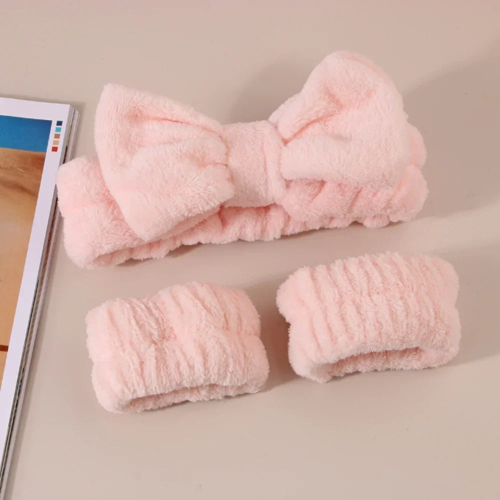 Women's Soft Coral Fleece Headband Wide Bow Hair Band Wristband for Skincare Face Washing Hair Accessories