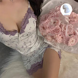 Trendy Pink Cherry Print Dress Women's Cute Fitted Mini Nightgown Lace Trim Detail Spaghetti Strap Summer Style New Fashion Hot