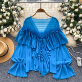 SINGREINY Chic Ruffles Splice Chiffon Blouse V Neck Flared Sleeve Loose Tops 2025 Fashion Solid Fairycore Vacation Women Shirt