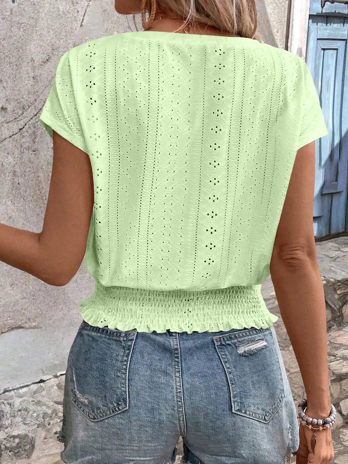 2025 Spring Summer New Fashion Blouses Solid V-Neck Jacquard Hollow-Out Smocking Short-Sleeve Shirts Fashion Casual Women's Tops