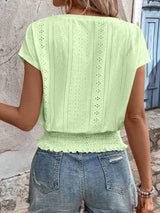 2025 Spring Summer New Fashion Blouses Solid V-Neck Jacquard Hollow-Out Smocking Short-Sleeve Shirts Fashion Casual Women's Tops