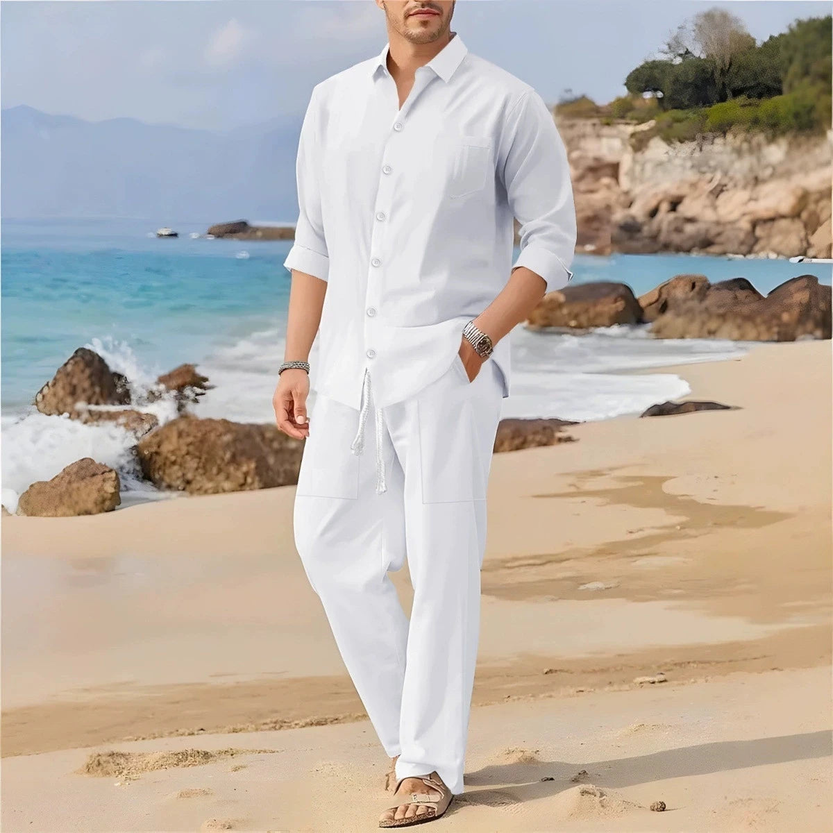 Spring, Summer Autumn New Men's Casual Long-Sleeved Set, Solid Shirt and Pants - Comfortable and Fashionable Two-Piece Set