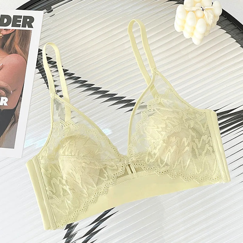 Sexy Lace Crop Top Deep V Backless Camisole Hollow Mesh Bra Female Solid Color Seamless Underwear Removable Chest Pad Tank Top
