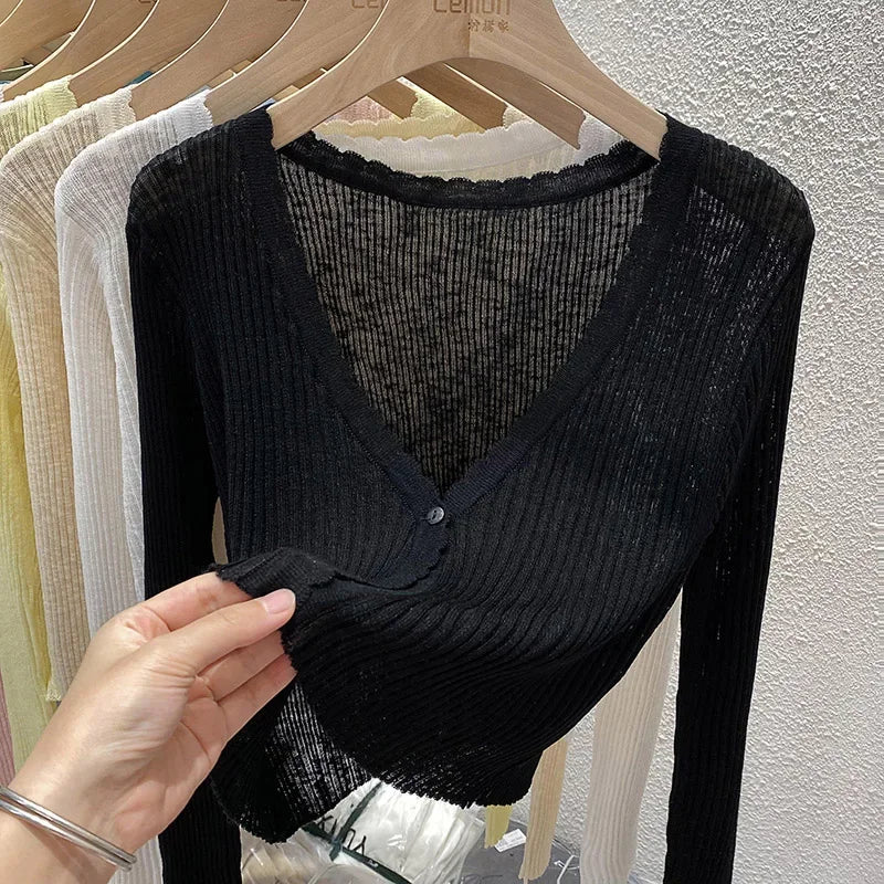 Summer Short Ice Silk Knitted Sun Protection Cardigan Women's Thin Suspender Skirt Layered Gauze Jacket Air-conditioned Cover Up