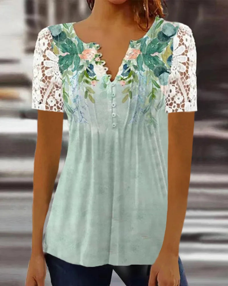 Summer Spring New Women's Loose and Comfortable Casual Lace V Neck Printed Blouse Floral Short Sleeve Elegant Fashion Shirt