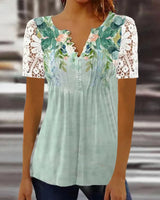 Summer Spring New Women's Loose and Comfortable Casual Lace V Neck Printed Blouse Floral Short Sleeve Elegant Fashion Shirt