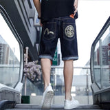 Men Embroidery Denim Shorts Black Hiphop Jeans Pants Cherry Blossom Dragon Totem Washed Zipper Cotton Summer cherry blossoms 024