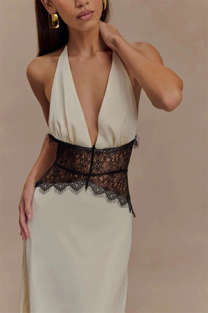 Mozision Summer Backless Sexy Maxi Dress Women Gown Patchwork Lace Halter Deep V Neck Sleeveless High Waist Elegant Long Dress