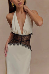 Mozision Summer Backless Sexy Maxi Dress Women Gown Patchwork Lace Halter Deep V Neck Sleeveless High Waist Elegant Long Dress