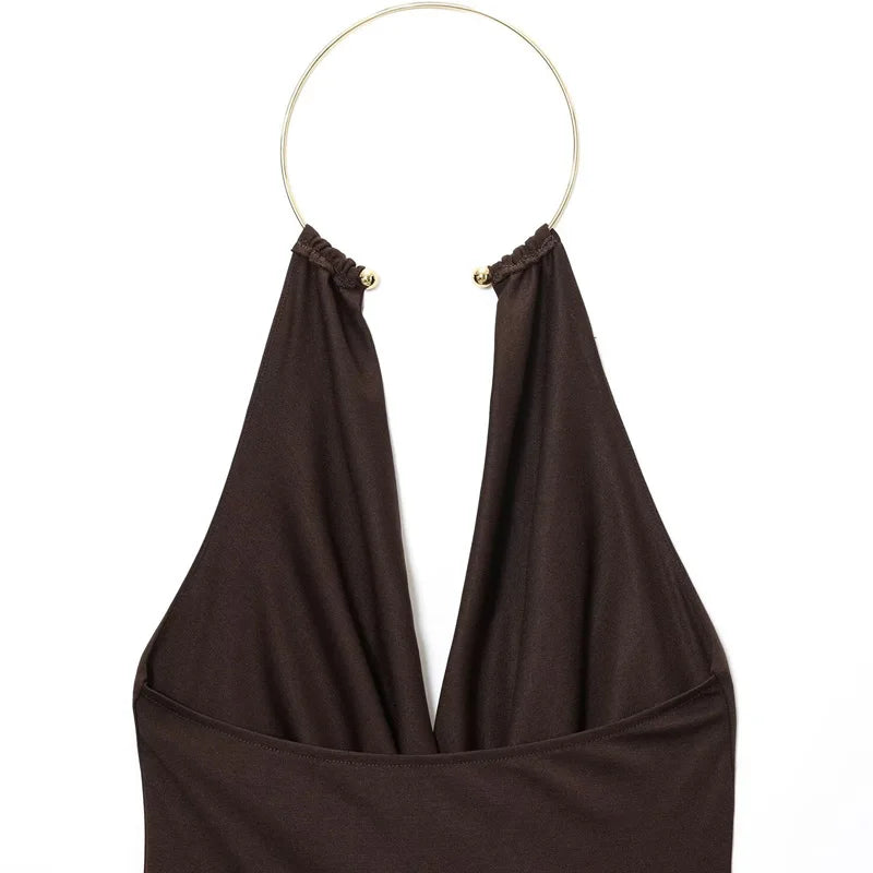 HXAO Brown Halter Bodysuit Women Summer Bodys For Sexy Women Off Shoulder Sleeveless Thong Bodysuit With Open Back Rave Bodysuit